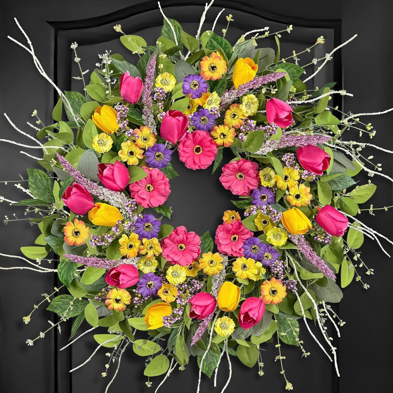 24-Inch Artificial Tulip & Wildflower Spring Wreath for Front Door – Large Floral Wreath for Porch, Wall, Window, Farmhouse Home Décor & Housewarming Gift